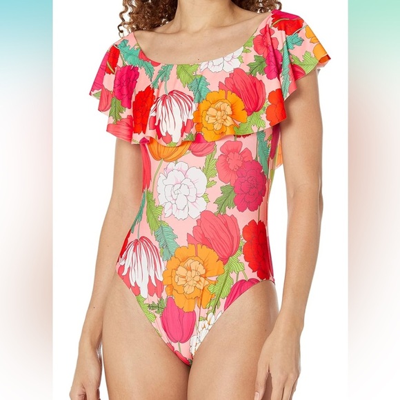 NWOT Trina Turk Standard Sunny Bloom Off Shoulder Ruffled One Piece Swimsuit - Picture 1 of 11